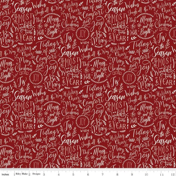 Christmas Traditions Words Red - Riley Blake Designs - Cream Christmas Sayings Phrases Sprigs Text on Red  - Quilting Cotton Fabric