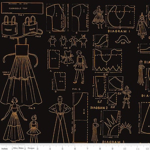 May include: Black fabric with a repeating pattern of vintage dressmaking diagrams in a copper color. The diagrams include illustrations of dresses, tops, and pattern pieces, along with measurements in inches. The words "Camisole Top" and "Diagram" are visible.