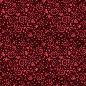 May include: A seamless pattern in shades of red, featuring hearts, stars, and swirling scroll designs. The pattern has a textured appearance, creating a rich and detailed visual effect. This design is suitable for various applications, such as fabric or wallpaper.