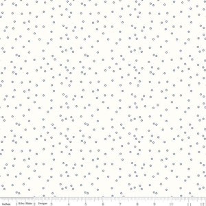 May include: White fabric with a repeating pattern of small, dark blue circles.