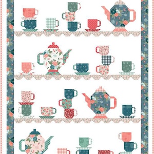 May include: A white background with a blue and white border. Three shelves with a white lace trim. Each shelf has a teapot and teacups in various patterns and colors. The teacups are stacked and some are on saucers. The teapots have floral patterns.