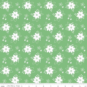 May include: A seamless pattern featuring white floral designs on a light green background. The pattern is made up of small and large flowers with leaves.