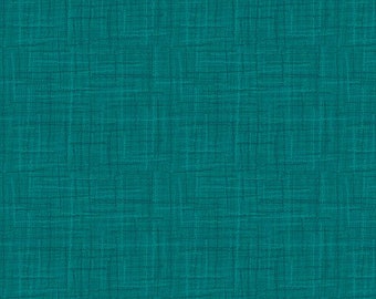 May include: Teal fabric with a textured woven pattern. The fabric has a subtle sheen and a slightly rough texture.