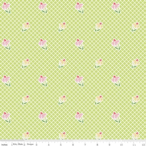 May include: A light green fabric with a white grid pattern and scattered pink and yellow flower illustrations. The flowers have pink petals and yellow centers. The fabric is measured in inches.