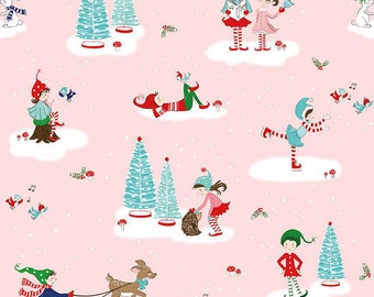 Pixie Noel 2 Main C12110 Pink - Riley Blake Designs - Christmas Pixies Animals Trees Snow - Quilting Cotton Fabric