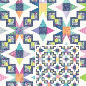 May include: A colorful quilt with a star pattern. The quilt features various shades of blue, pink, green, and orange. The words "Prismatic Compass" are at the top. The quilt is "5" square friendly. The Blooming Boldly Designs logo is at the bottom.