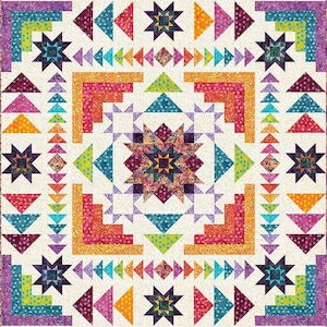May include: A colorful quilt with a geometric design featuring triangles, stars, and squares in shades of purple, teal, orange, and green. The quilt has a cream-colored background and a central starburst pattern.