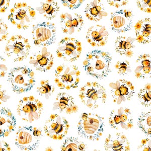 May include: Watercolor pattern featuring bees, beehives, and yellow flowers on a white background. The bees are depicted with black and yellow stripes, surrounded by floral wreaths. The design is whimsical and nature-themed.
