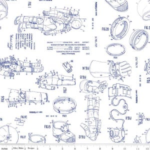 May include: A blue and white blueprint pattern featuring a detailed illustration of a spacesuit design. The image includes various components of the spacesuit, such as the helmet, gloves, and boots. The text "FIG. 1" and "PATENTED 14813" are visible in the image.