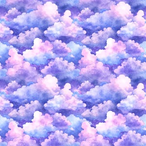May include: A seamless pattern of watercolor clouds in shades of purple, pink, and blue. The clouds are fluffy and soft, creating a dreamy and ethereal effect.