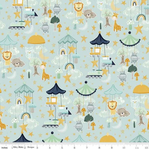 SALE It's a Boy Mobiles C13251 Aqua by Riley Blake Designs - Animals Trains Stars Clouds Trees Baby - Quilting Cotton Fabric