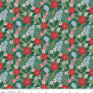 May include: A green fabric with a repeating pattern of red, white, and pink flowers. The flowers are surrounded by green leaves and small white dots.