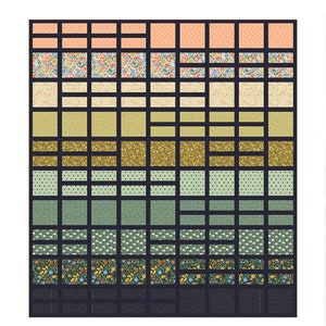 May include: A quilt pattern called "Horizon Lines Quilt" with a grid of colorful fabric squares. The quilt is available in baby, throw, twin, and queen sizes. The pattern is by Taren Studios.