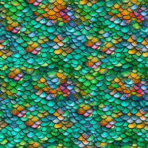 May include: A vibrant, seamless pattern featuring overlapping, scale-like shapes. The design showcases a spectrum of colors, including shades of green, teal, yellow, orange, red, and purple, creating a textured, aquatic aesthetic. The pattern is reminiscent of mermaid scales.