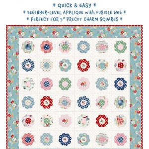 May include: A quilt pattern titled Charm Posies by Black Mountain Needleworks featuring a grid of 30 flower-shaped applique blocks on a white dotted background. The quilt has a floral border and measures 47 inches by 47 inches, designed for 5 inch precut charm squares.