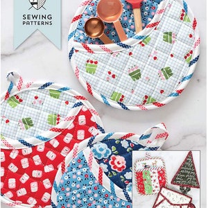 May include: Sewing pattern for four styles of potholders and a matching dish towel. The potholders are in various colors and patterns, including red, blue, and green. The dish towel is white with a red and blue border.