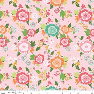 May include: A floral fabric with a pink background. The design features a repeating pattern of large pink, orange, and teal flowers, along with smaller yellow and white blossoms and green leaves. The fabric is measured in inches.