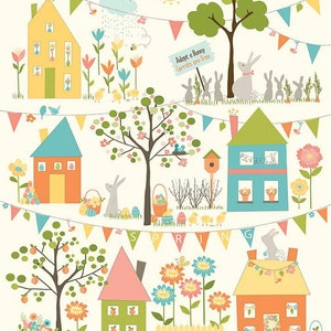 May include: A colorful illustration of a spring scene with houses, trees, flowers, bunnies, and the text "Adopt a Bunny Carrots are free".