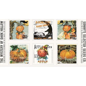May include: A vintage-style collage of six images featuring pumpkins, with text that reads "The Mystery of Dark Hollow", "Moonlight Barn Dance", "Trick Treat", "1875 Seeds! Plants! Everything Secret Garden", "Apple Cider", and "Seeds Butterfly Brand Pumpkin".