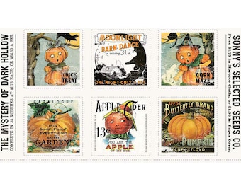 May include: A vintage-style collage of six images featuring pumpkins, with text that reads "The Mystery of Dark Hollow", "Moonlight Barn Dance", "Trick Treat", "1875 Seeds! Plants! Everything Secret Garden", "Apple Cider", and "Seeds Butterfly Brand Pumpkin".