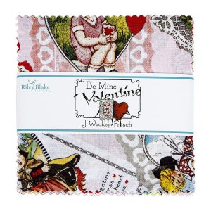 May include: A pack of fabric squares featuring a vintage Valentine's Day theme with illustrations of children and hearts. The fabric is printed with the text "Be Mine Valentine" and "J. Wecker Frisch".