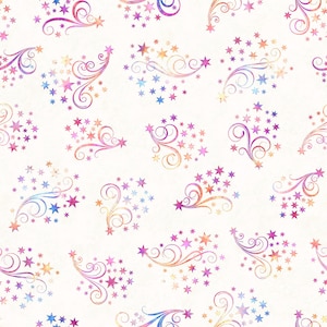 May include: A repeating pattern of colorful stars and swirling lines on a cream background. The stars are in shades of pink, purple, blue, and orange, creating a whimsical and festive design. The pattern is suitable for various craft projects.