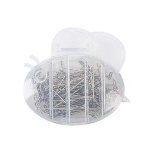 May include: A clear plastic container shaped like a bee, filled with silver sewing pins.