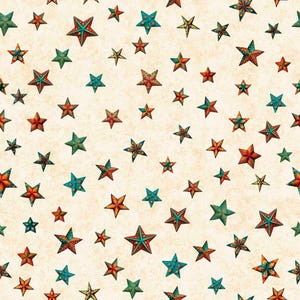 May include: A repeating pattern of colorful stars in various sizes. The stars are in shades of red, teal, green, and orange with decorative patterns. The background is a light beige color with a subtle textured effect.
