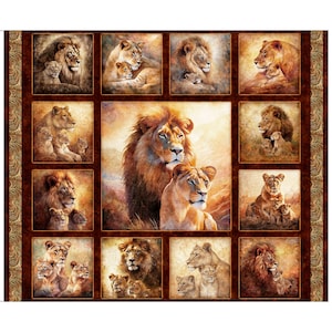 May include: A fabric panel featuring multiple square images of lions and lionesses with their cubs. The images are in warm tones of brown, gold, and tan. The central image shows a male and female lion. The panel has a decorative border.