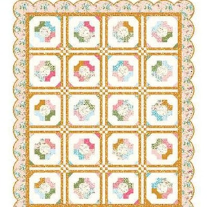May include: A quilt pattern titled "String of Pearls" by Beverly McCullough. The quilt design features a grid of square blocks with floral and geometric patterns in pink, green, and gold. The quilt size is 69" x 84".