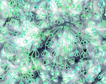 May include: A seamless fabric pattern featuring a repeating design of green and blue floral sprigs on a white and gray background.
