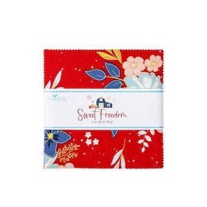 May include: Red fabric square with a white label that says "Sweet Freedom" by  "Beverly  Nett  Callaugh" and a floral pattern with blue, pink, and gold accents.