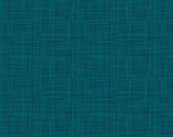 May include: Teal fabric with a subtle textured pattern of small dots and lines. The fabric has a woven look and feel.