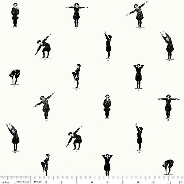 Old School Gym Class C14955 White - Riley Blake Designs - Stretches People - J. Wecker Frisch - Quilting Cotton Fabric