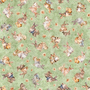 Hunny Bunny Tossed Bunnies 30979 Sage H - by QT Fabrics - Rabbit Bunnies Animals - Quilting Cotton Fabric
