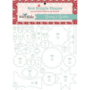 May include: A white sheet with a variety of green outlines of different shapes. The shapes are labeled with numbers and the text "Sew Simple Shapes" and "Granny's Garden".
