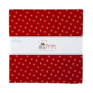 May include: A red fabric square with a white pattern of small leaves. The fabric is labeled "Prim" by Riley Blake Designs.