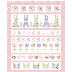 May include: A colorful quilt pattern titled "Sweet Spring" with a pink border. The design features bunnies, eggs, pinwheels, tulips, hearts, and butterflies. The quilt size is 60" x 75".