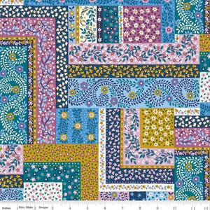 May include: A patchwork fabric design featuring floral and botanical patterns in teal, purple, gold, and blue. The design includes various rectangular and square blocks with detailed floral motifs and borders. The fabric is measured in inches.