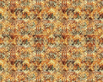 Bookworm Folklore Textured Leaf Medallion 30455 Amber S - QT Fabrics - Leaves Sprigs Geometric - Quilting Cotton Fabric