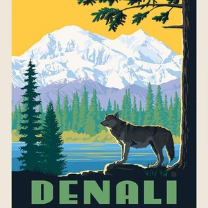 SALE National Parks Poster Panel Denali by Riley Blake - Outdoors Recreation Alaska Mountain Wolf DIGITALLY PRINTED - Quilting Cotton Fabric