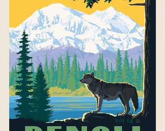 May include: A vintage travel poster for Denali National Park in Alaska. The poster features a snowy mountain range, a lake, a wolf standing on a rock, and a forest of evergreen trees. The text "DENALI NATIONAL PARK + AK" is at the bottom of the poster.
