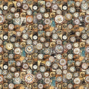 May include: A collage of vintage pocket watches and clock faces in various sizes and designs. The background features a patchwork of aged paper and sepia-toned images, creating a steampunk or antique aesthetic.