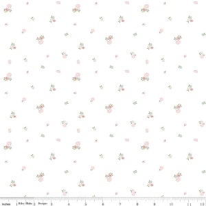 May include: A white fabric with a repeating pattern of small pink and green floral bouquets. The fabric is perfect for crafting projects, quilting, and home decor.