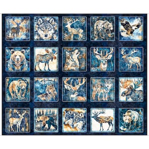 May include: A fabric panel featuring a collection of wildlife illustrations. The images include deer, wolves, bears, eagles, and moose, set against a blue and brown watercolor background. The panel is divided into square blocks, creating a patchwork design.