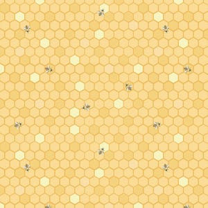 May include: A seamless pattern of a honeycomb with small bees flying around. The honeycomb is yellow and the bees are black and white.
