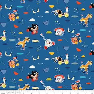 May include: A blue fabric with a repeating pattern of vintage toys. The toys include a giraffe, a dog, a phone, a push toy, a rocking horse, and a dog on wheels. The toys are in various colors, including red, yellow, green, and blue.