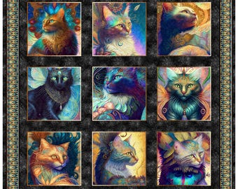 Feline Fantasia Large Cat Picture Patches Panel Multi - QT Fabrics - Quilting Cotton Fabric
