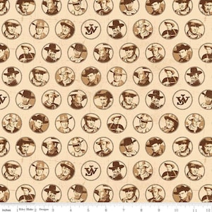 May include: Tan fabric with a repeating pattern of sepia-toned portraits of cowboys in circles. The circles alternate with a "W" logo. The fabric has a vintage, distressed look, with a ruler at the bottom.