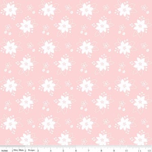 May include: A seamless pattern featuring white floral designs on a light pink background. The pattern is made up of small and large flowers with leaves.